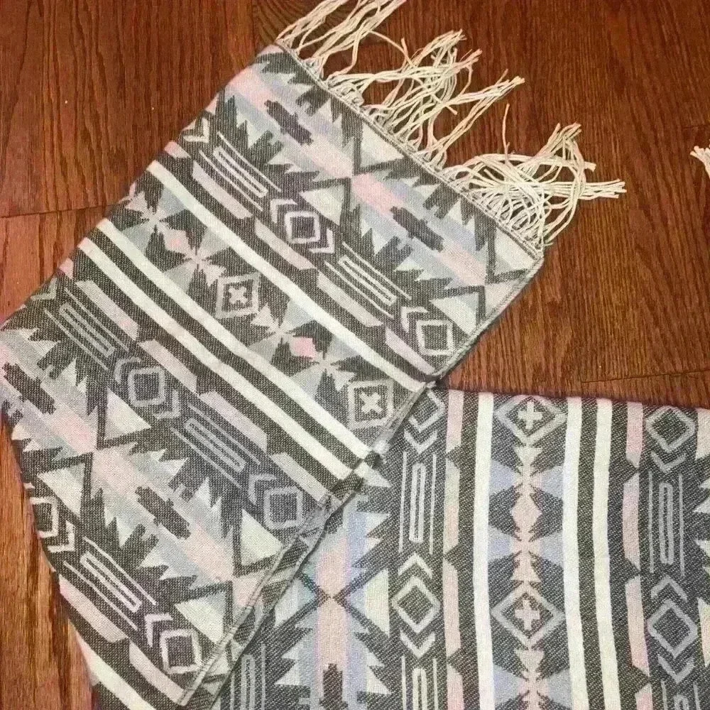 Scarf Shoulder Wrap with Fringe Muted Pastels Aztec